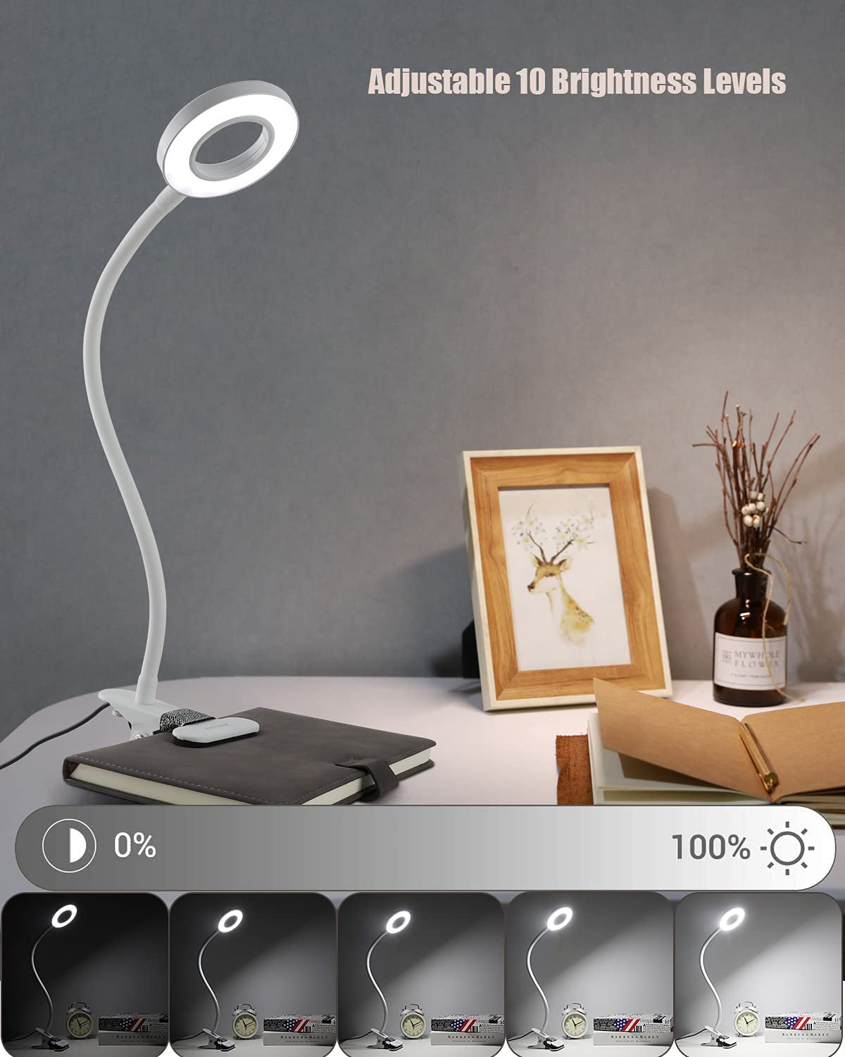 LED Reading Light, Dimmable Clamp Light for Bed Headboard, Bedroom, Office, 3 Modes & 9 Dimming Levels, Flexible Clip Desk Lamp, Adapter Included (Mattewhite)