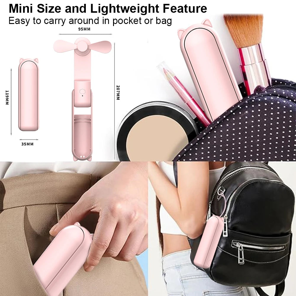 Portable Fan Mini Handheld Fan 2000Mah USB Rechargeable with Handy Power Bank Small Hand Held Foldable Pocket Fan for Travel