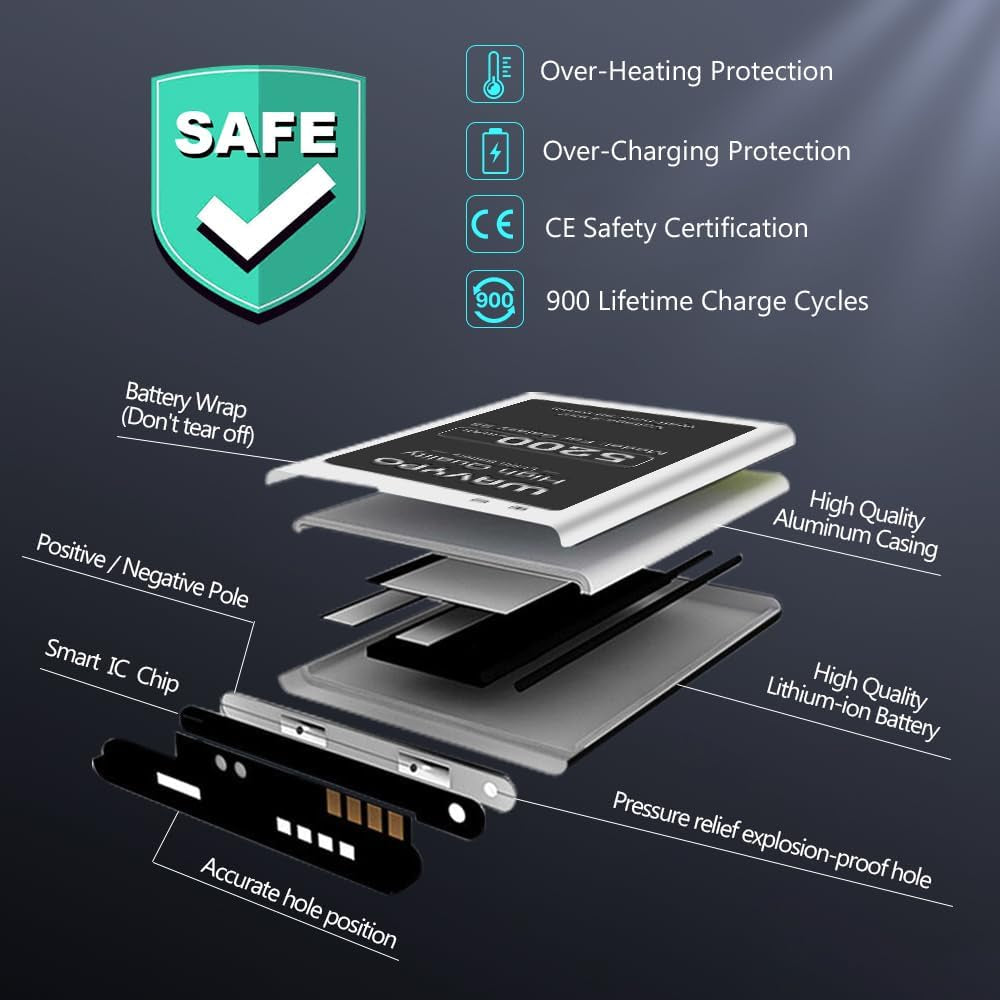 Battery for Galaxy S5, (Upgraded) 5200Mah S5 Battery Li-Polymer Replacement Battery for Samsung Galaxy S5 G900A AT&T, SM-G900V, G900F, G900H, G900R4, I9600, SM-G900P, SM-G900T, S5 Active Battery