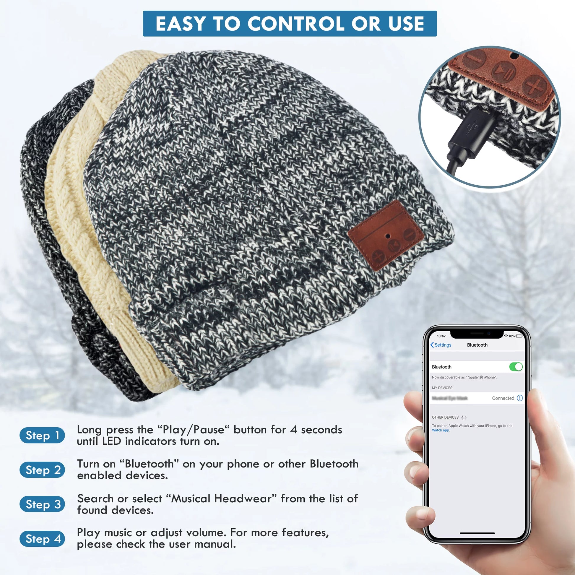 Bluetooth Beanie Hat Cap,  Wireless Bluetooth Hat with Headphone Headset Earphone Knitted Beanie with Stereo Speakers and Microphone Hands Free Talking