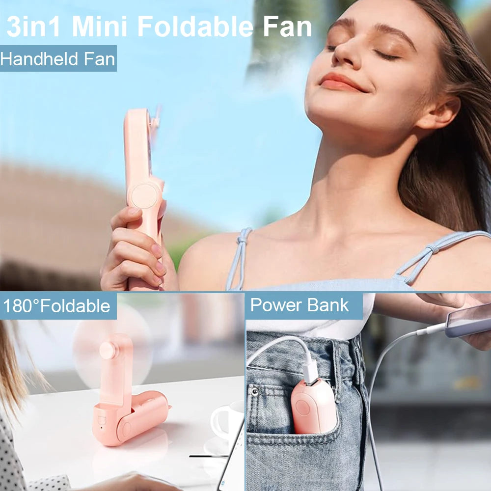 Portable Fan Mini Handheld Fan 2000Mah USB Rechargeable with Handy Power Bank Small Hand Held Foldable Pocket Fan for Travel